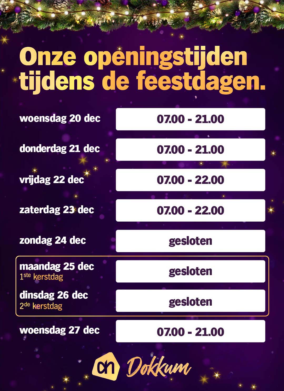 Openingstijden feestdagen kerst 2023 Albert Heijn Dokkum